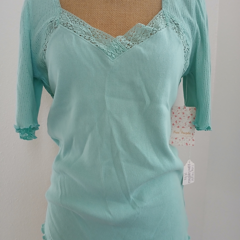 Free People Mint Lace-Trim Ribbed Top